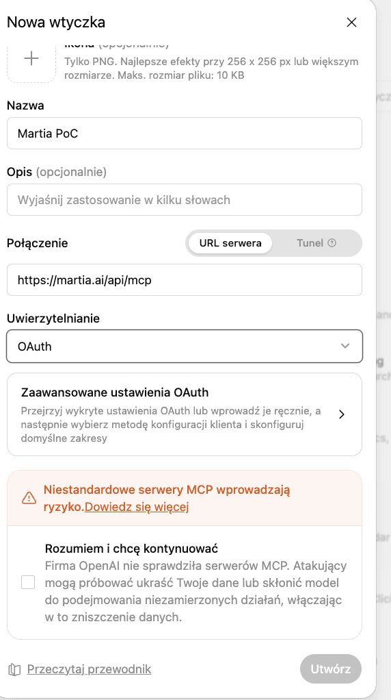 ChatGPTs Dialog für ein neues Plugin mit der Martia-Serveradresse und ausgewähltem OAuth